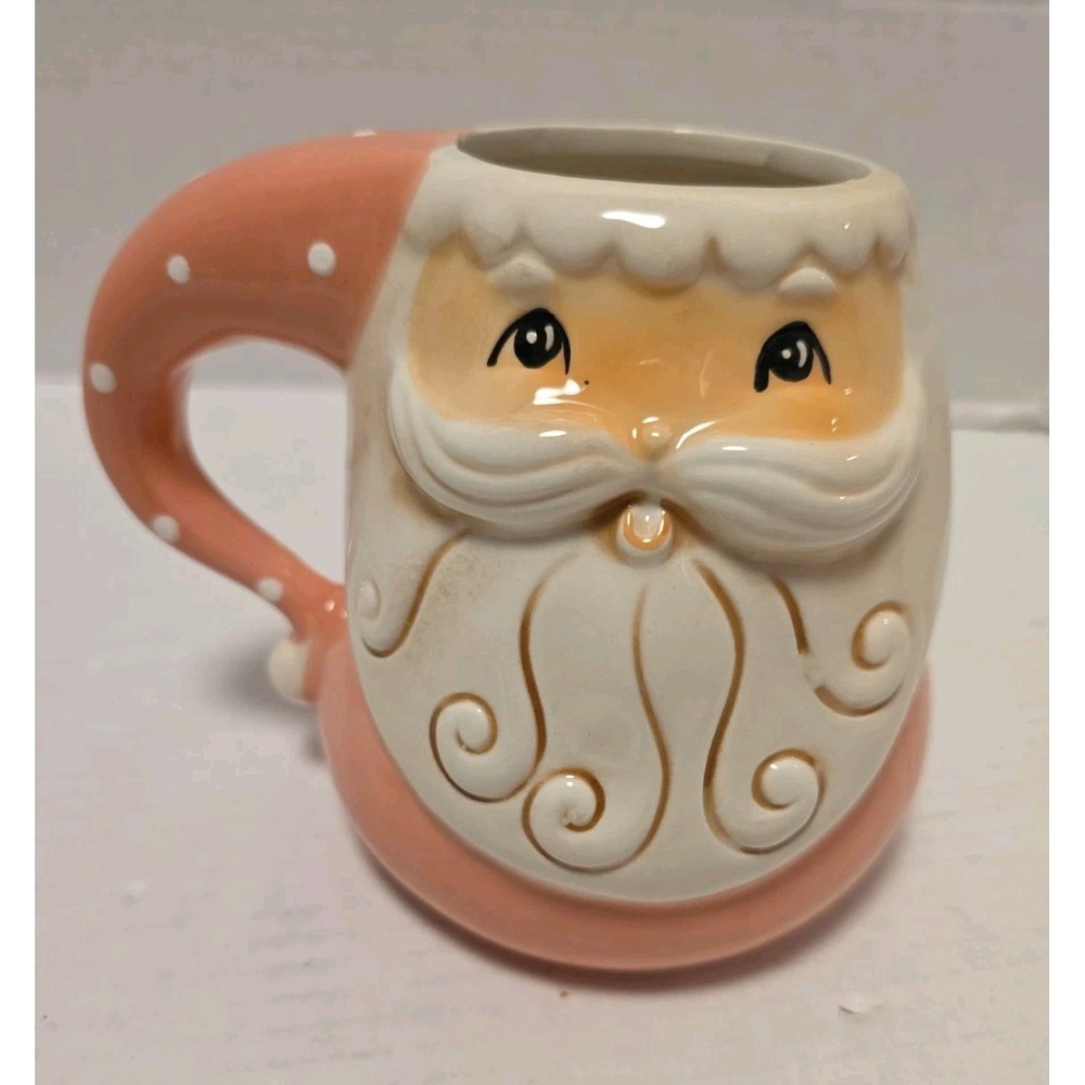 Johanna Parker Ceramic Pink Santa Mug Pastel Polka Dot Hat Christmas Kitsch